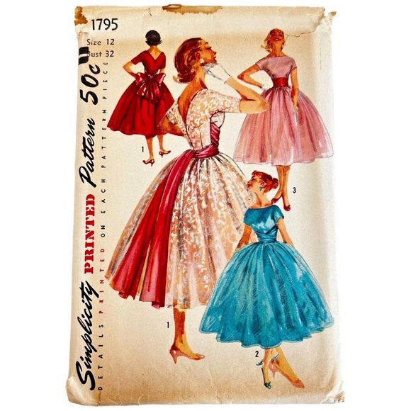 1956 Simplicity Pattern 1795 Formal Dress Party Gown Size 12 Cocktail Uncut VTG - Picture 1 of 9